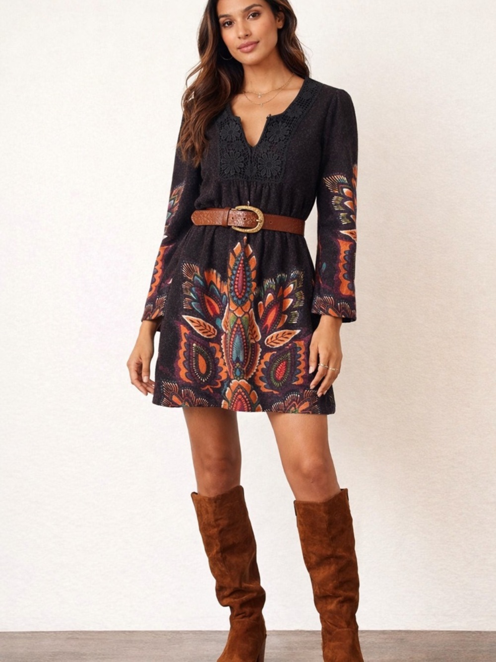 Aryeh Boho Tunic Dress Crochet Neckline Black Floral Print Size Small